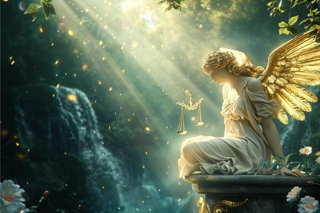 A mystical scene with symbols of angelic guidance and personal growth, featuring golden scales for abundance, a sunlit path for new beginnings, and a serene garden representing harmony and nurturing. The composition, set against a celestial backdrop, evokes a sense of balance and spiritual enlightenment.