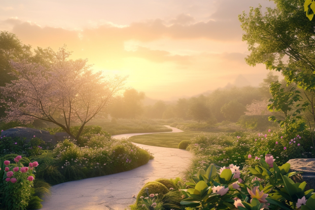 A serene dawn landscape with a flourishing garden and winding path, bathed in a golden glow, symbolizing a harmonious blend of material success and spiritual growth.