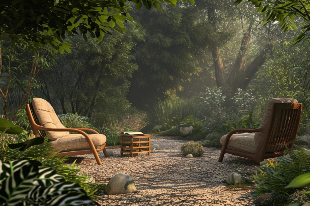 A serene garden setting with two chairs and a journal, symbolizing a journey of personal growth and the quest for true love through open communication and self-nurturing.