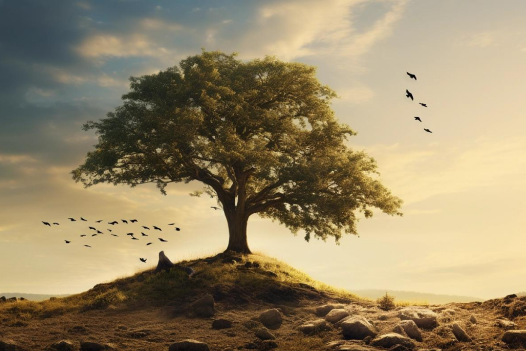 A serene landscape with a sturdy oak tree and a rising sun symbolizing stability harmony and the pursuit of new beginnings